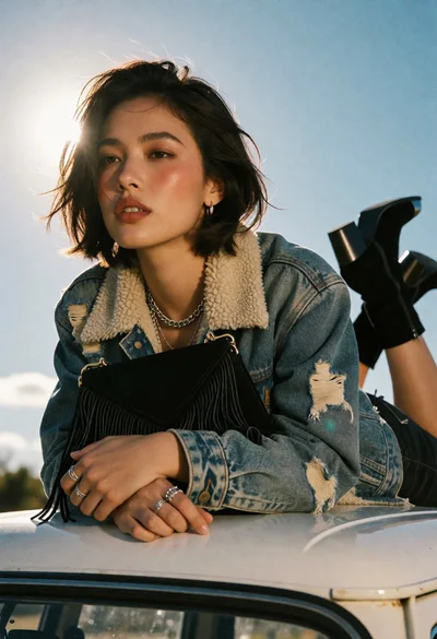 Stylish woman with dark hair lounging on white vehicle roof under blue
