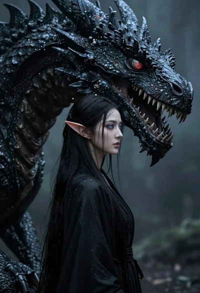 Elfin woman beside colossal obsidian dragon in misty forest