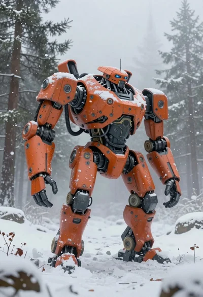 Orange bipedal robot standing in deep snow and fog