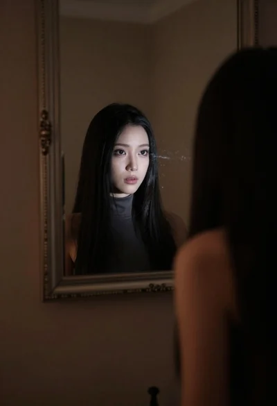 Woman gazing at reflection in ornate mirror