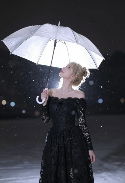 Fair blonde woman under white umbrella in snowy dark night city scene