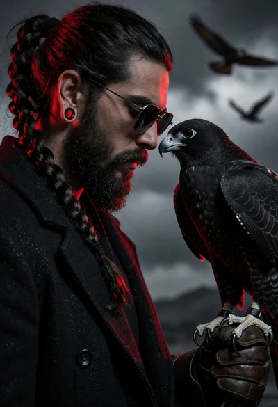 Man in dark coat holding black falcon close up profile shot