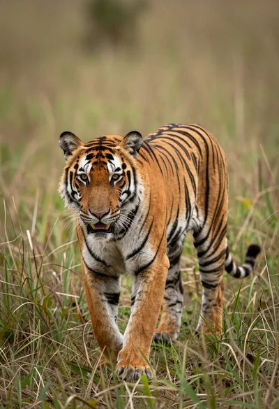 Majestic tiger walking through tall green and dry savanna grass