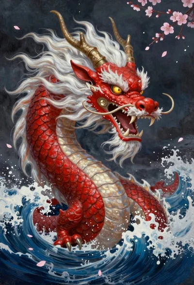 Red dragon roaring amidst crashing blue ocean waves