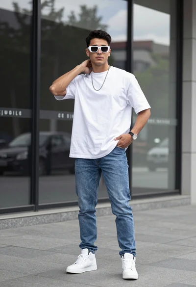 Stylish young man in white tshirt and jeans against modern glass storefront
