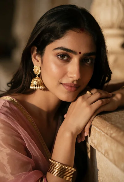 Close up portrait of young woman with dark hair and gold jewelry