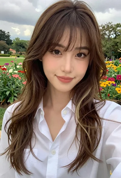 Close up selfie portrait of woman with brown hair outdoors