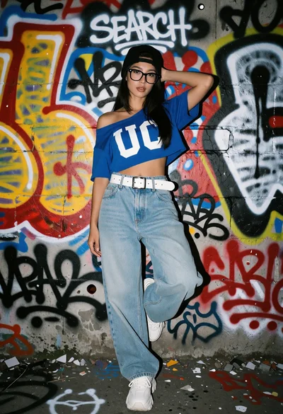 Confident young woman posing by vibrant graffiti covered brick wall in an