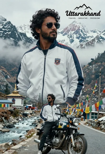 Cinematic travel poster of man on motorcycle against himalayan mountains