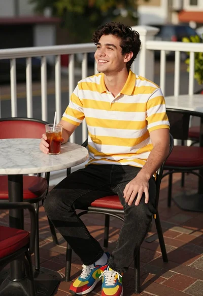 Young man smiling at outdoor cafe table with iced tea drink