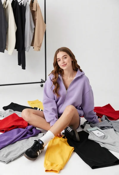 Young woman sitting among colorful clothes in minimalist studio setting