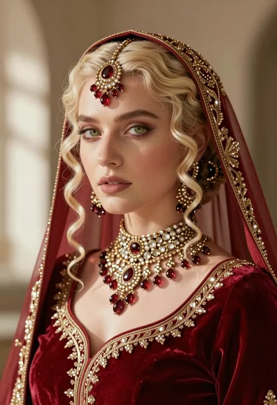 Close up portrait of fair blonde woman wearing elaborate traditional indian bridal