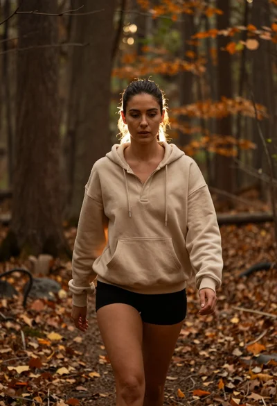 Woman walking on forest path surrounded by autumn leaves and tall trees
