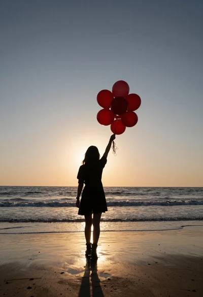 Silhouette of a woman walking away on wet beach with red balloons