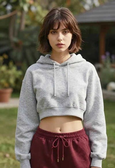 Young woman in grey hoodie in an outdoor garden