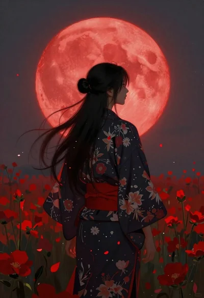 Person in kimono before a giant red moon