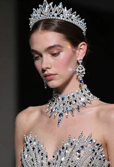 Fashion portrait of woman in elaborate crystal gown