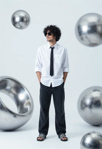 Man in white shirt and dark jeans stands confidently in minimalist studio