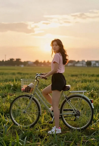 Young woman in pink shirt holding vintage bicycle in grassy field