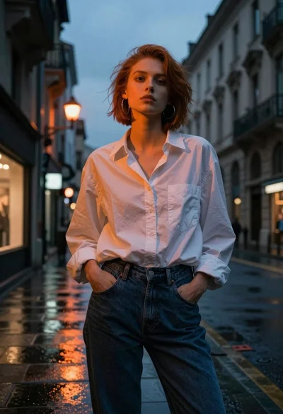 Young woman in white shirt on wet european street at dusk