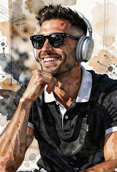 Handsome man smiling in black polo shirt against abstract watercolor sketch background