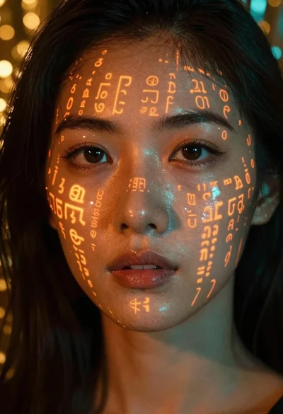 Portrait of woman with glowing light projections on skin