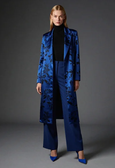 Blonde model in royal blue floral coat studio fashion shoot