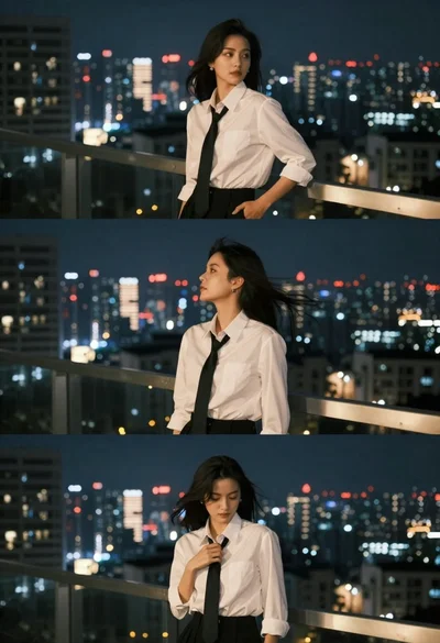Woman posing on rooftop terrace against city skyline at night