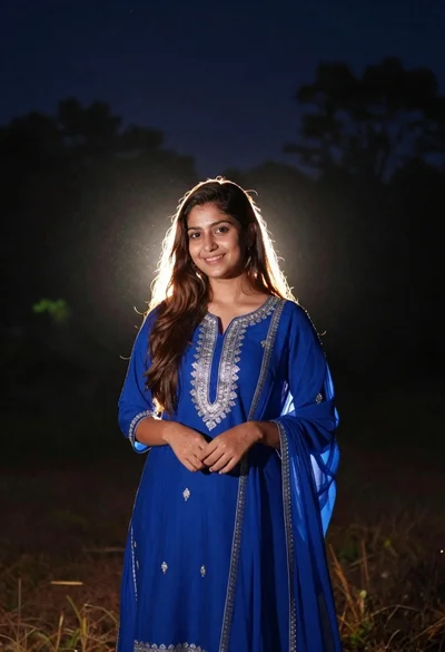 Young woman in royal blue traditional tunic standing outdoors at night with