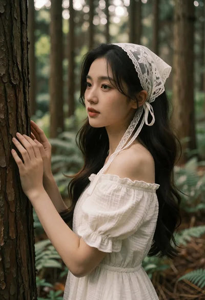 Young woman in white dress touching tree bark within a lush forest