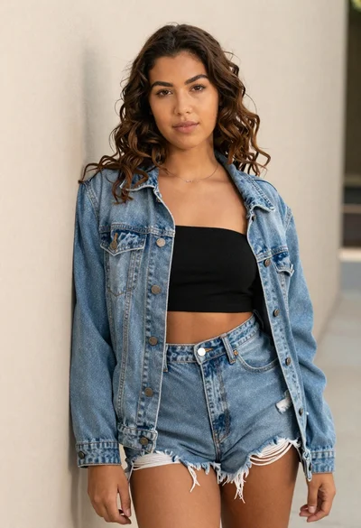 Young woman in denim jacket against a neutral wall
