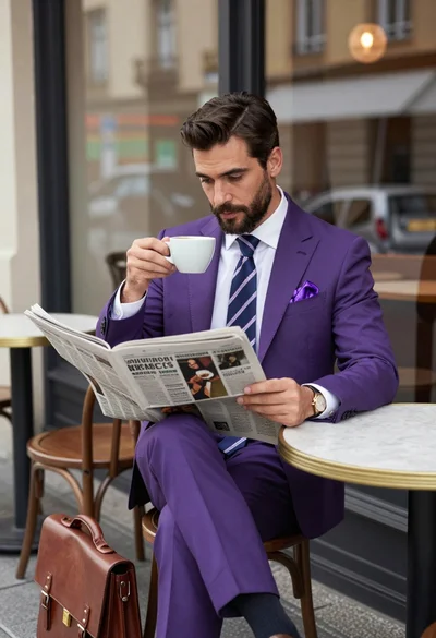 Handsome man in purple suit reading newspaper at outdoor cafe patio