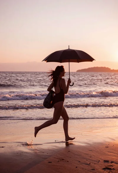 Woman running on wet sand beach under umbrella at golden hour