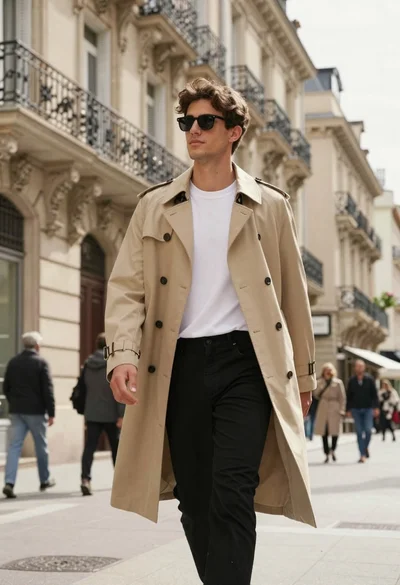 Young man in beige trench coat walking down sunlit european stone street
