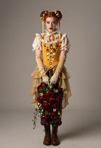 Woman in victorian corset dress holding red roses