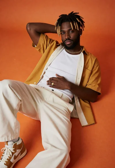 Young man reclining on solid orange backdrop in mustard yellow shirt
