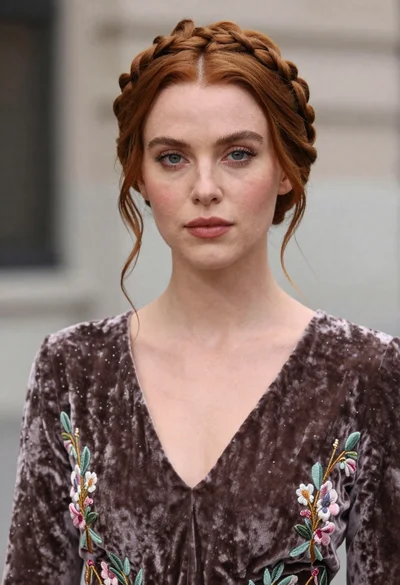 Close up portrait of woman with braided crown in velvet dress
