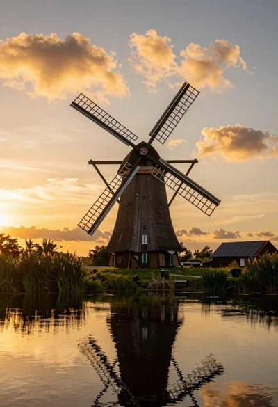Traditional wooden windmill reflected in calm lake under vibrant sunset sky