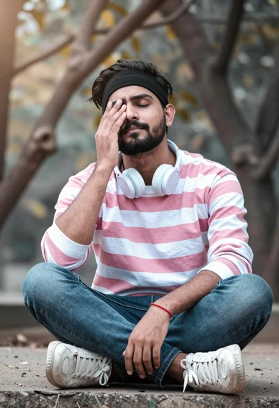Man sitting cross legged outdoors with eyes closed and hand near face