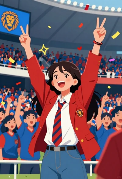 Young woman cheering enthusiastically at crowded sports stadium illustration