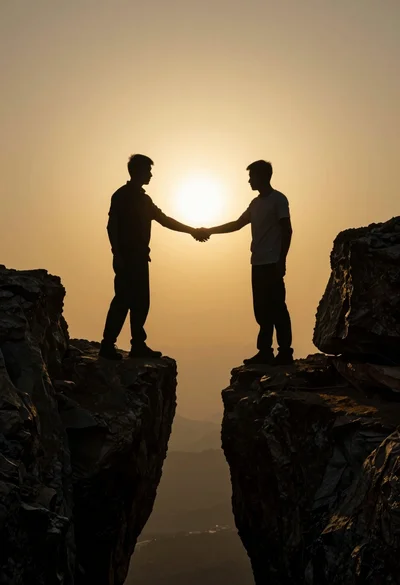 Two male silhouettes reaching across a chasm to shake hands against glowing