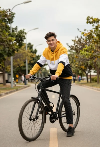 Young man on bicycle sitting on paved road with trees and streetlights