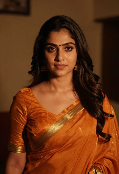 Intimate portrait of woman in orange saree with gold borders indoors