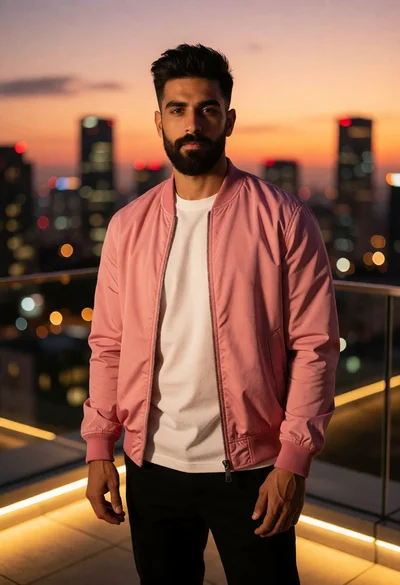 Man in pink bomber jacket on rooftop overlooking glowing city skyline at