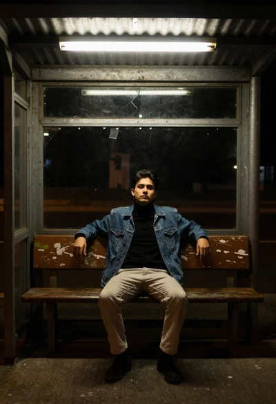 Young man in denim jacket sitting on bench in bus shelter