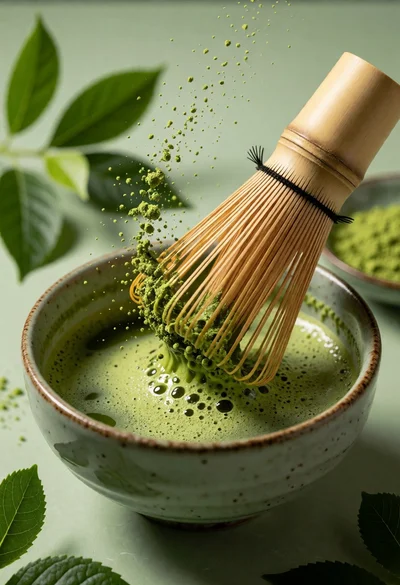 Close up still life of matcha whisk stirring vibrant green tea in