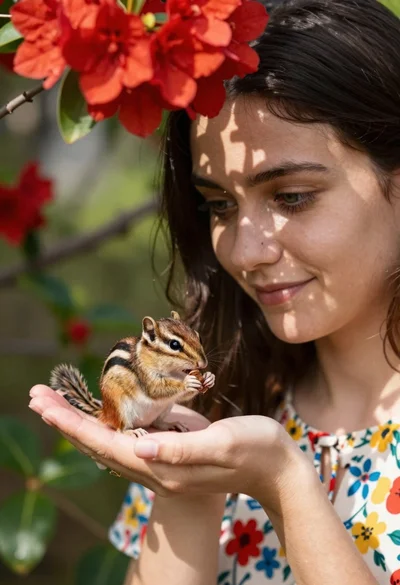 Young woman with dark hair holding a small chipmunk under red flowers