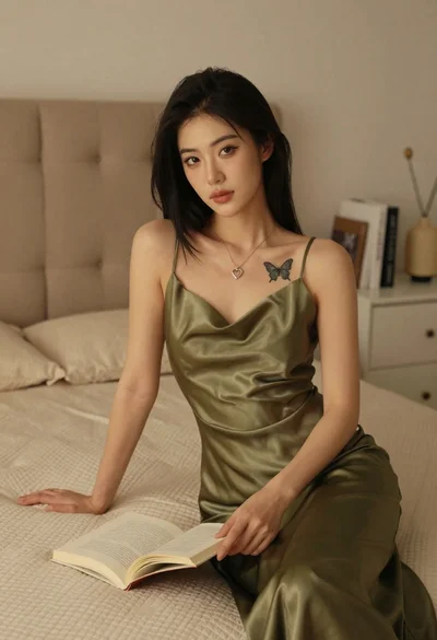 Woman in olive green silk dress reading a book on bed