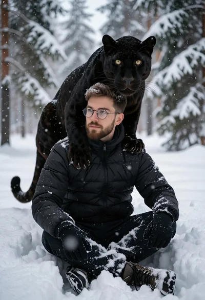 Man sitting in deep snow with a black panther resting on his