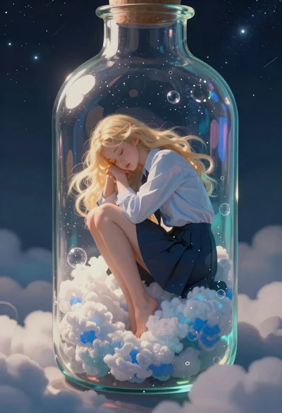 Girl sleeping in a glass bottle with clouds and stars